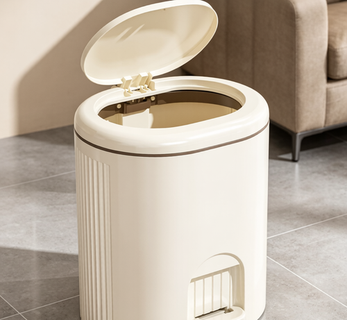 Cream White Step Trash Can with Vertical Ribbed Texture